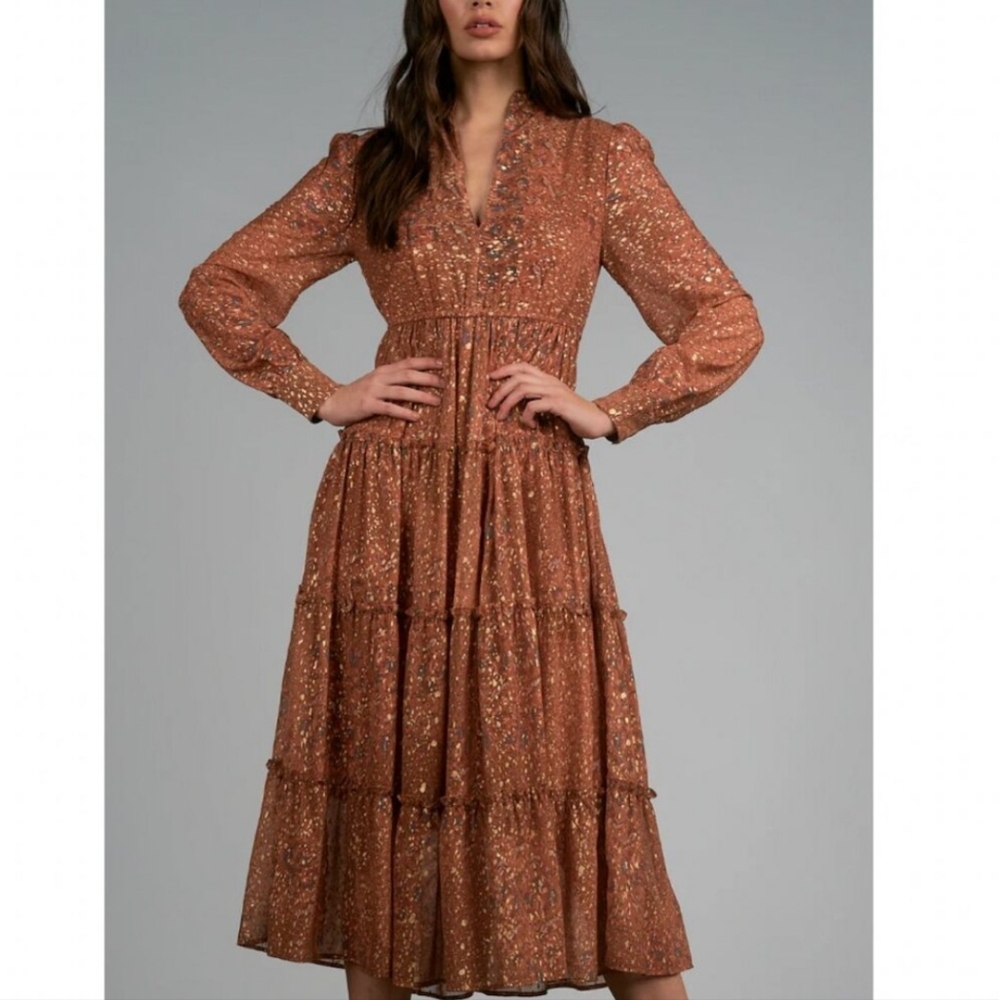 Elan Rust Orange Floral Chic Maxi Dress For Women Medium - Picture 5 of 6